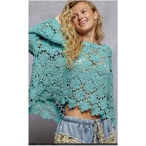 POL Teal Blue Chenille Bell sleeve Scallop hem Semi Sheer Top